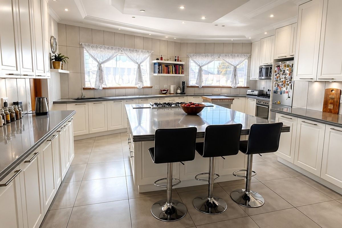 Spacious modern kitchen featuring extensive white cabinetry, a large central island with a gas hob, stone countertops, and integrated appliances.