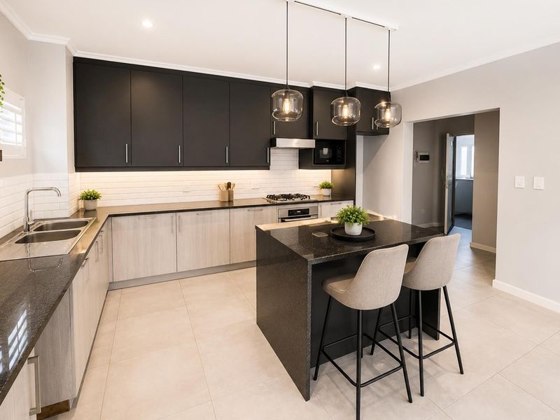Modern kitchen featuring two-tone cabinetry, stone countertops, a central island with breakfast bar seating, and integrated appliances.