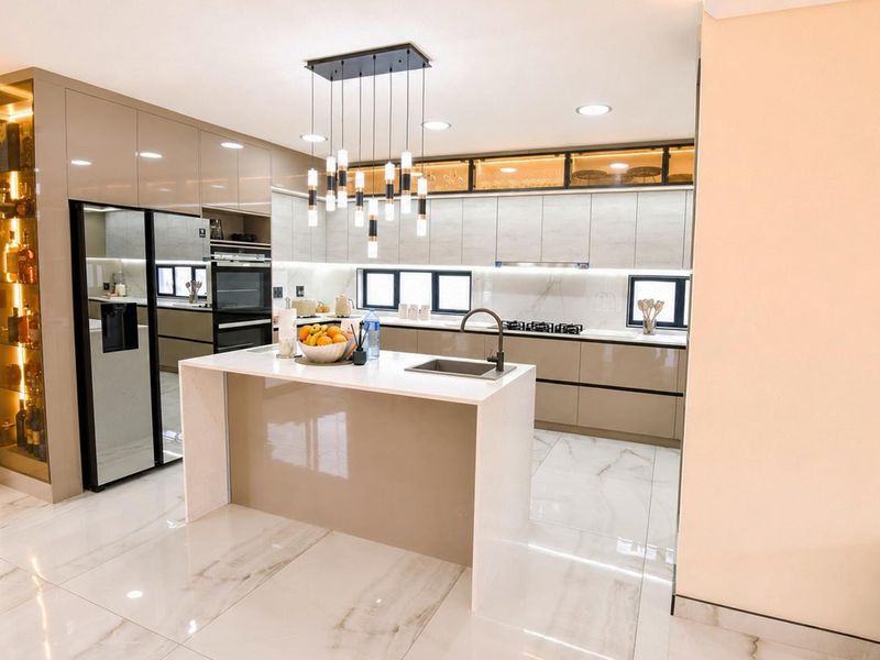 Modern, high-end kitchen featuring a central island, quartz countertops, integrated appliances, sleek cabinetry, and elegant marble-look flooring with sophisticated pendant lighting.