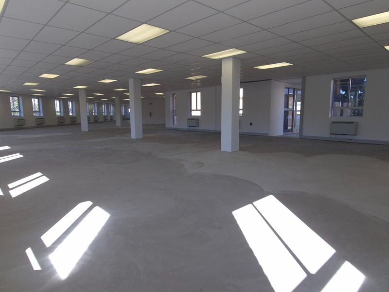 Spacious open-plan commercial office area featuring a suspended ceiling, recessed lighting, structural columns, and wall-mounted HVAC units with unfinished concrete flooring.
