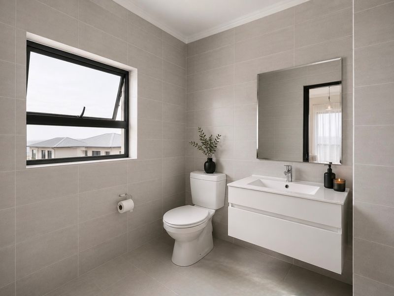 Modern bathroom featuring floor-to-ceiling neutral tiling, a sleek wall-mounted vanity with integrated basin, and a large mirror.