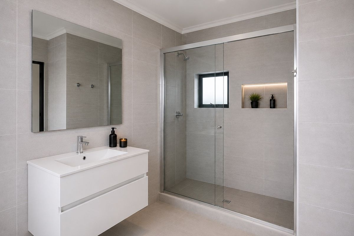 Modern bathroom featuring a wall-mounted vanity, large mirror, and a spacious walk-in shower with a recessed niche and glass screen.