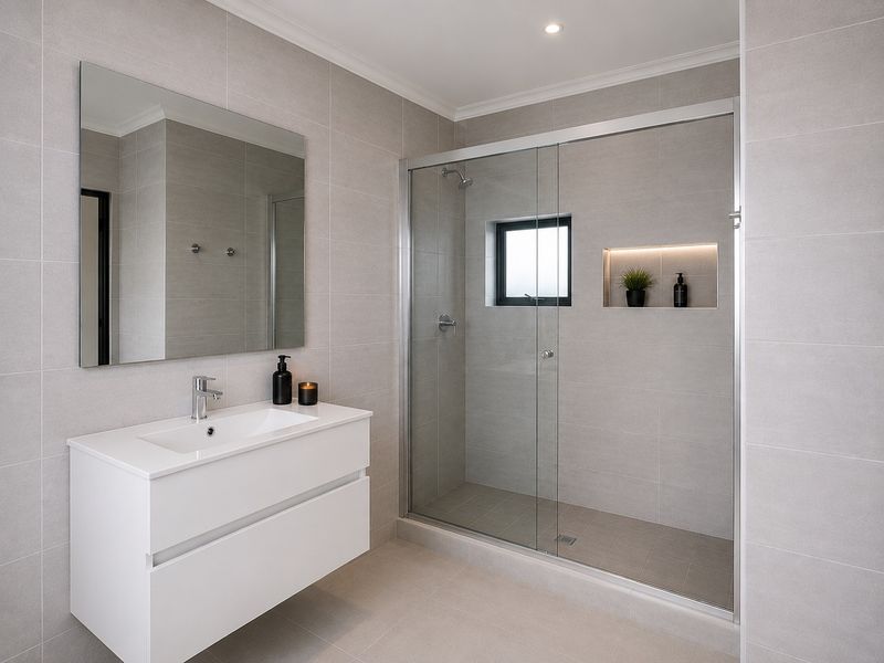 Modern bathroom featuring a wall-mounted vanity, large mirror, and a spacious walk-in shower with a recessed niche and glass screen.