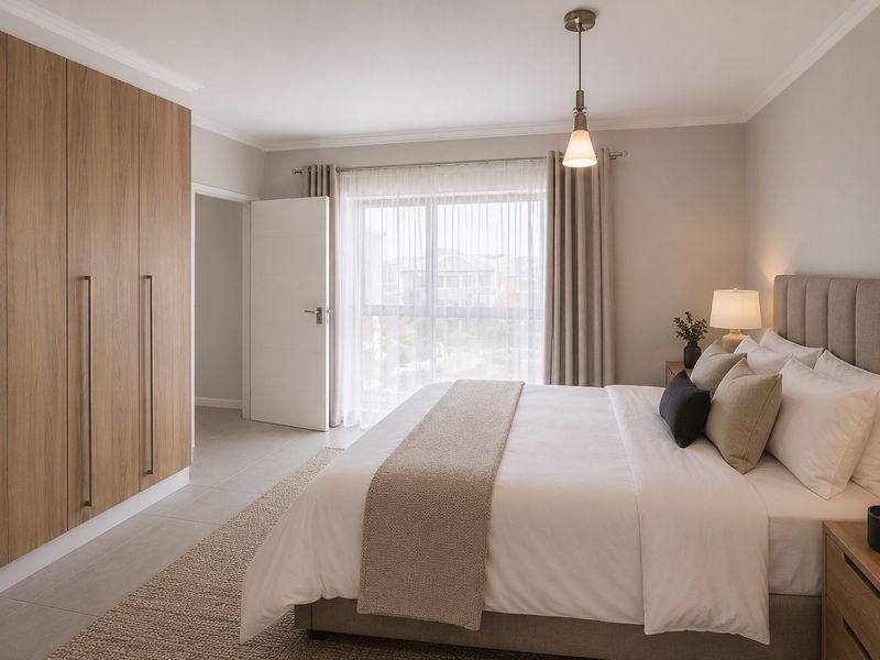 A well-maintained bedroom featuring modern built-in wardrobes, tiled flooring, and a sliding glass door providing natural light.