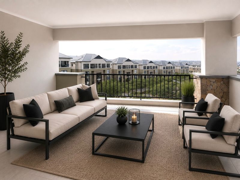 A spacious covered balcony featuring tiled flooring, stone cladding accents, and a metal balustrade, offering an elevated view of the surrounding residential estate.
