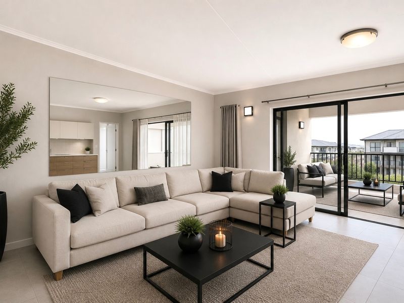 Bright open-plan living area featuring tiled floors, large sliding glass doors leading to a private balcony, and modern neutral finishes.