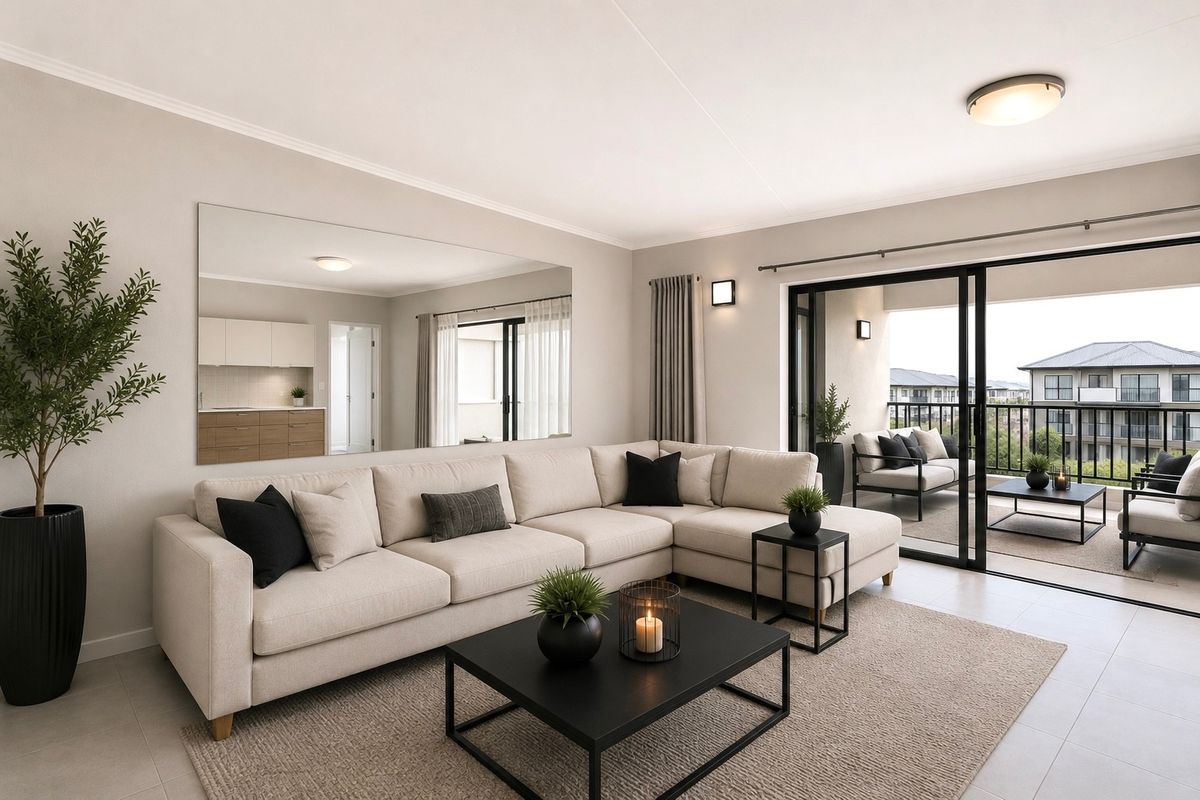 Bright open-plan living area featuring tiled floors, large sliding glass doors leading to a private balcony, and modern neutral finishes.