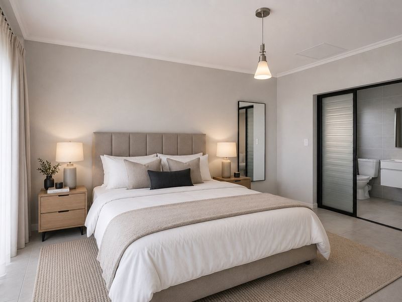 A well-appointed bedroom featuring neutral tones, tiled flooring, a modern pendant light, and direct access to an en-suite bathroom through a sliding glass door.