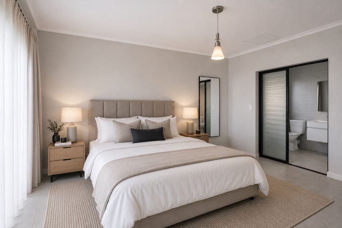 A well-appointed bedroom featuring neutral tones, tiled flooring, a modern pendant light, and direct access to an en-suite bathroom through a sliding glass door.