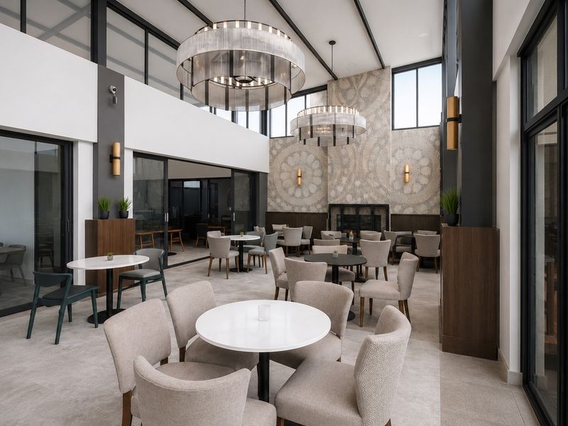Spacious, modern living area featuring double-height ceilings, a decorative feature fireplace, large sliding glass doors, and elegant pendant lighting.