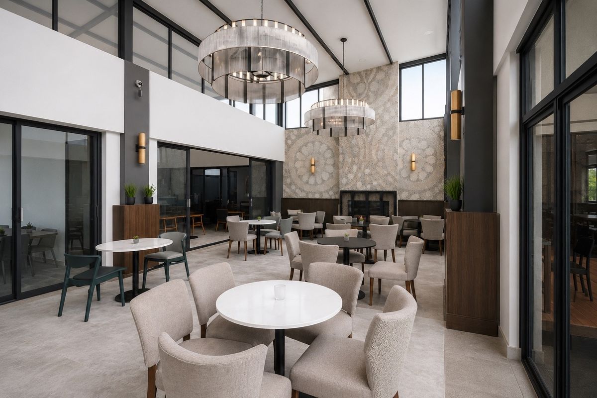 Spacious, modern living area featuring double-height ceilings, a decorative feature fireplace, large sliding glass doors, and elegant pendant lighting.