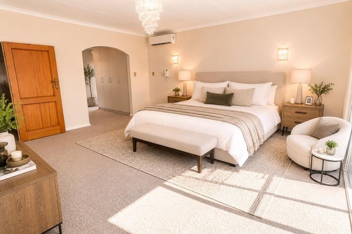 Spacious bedroom featuring neutral carpeting, built-in cupboards, air conditioning, and elegant lighting fixtures, creating a comfortable and well-maintained living space.