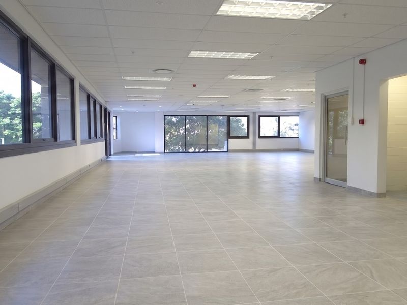 Spacious open-plan office area featuring neutral tiled flooring, suspended ceilings with recessed lighting, and large windows providing ample natural light.