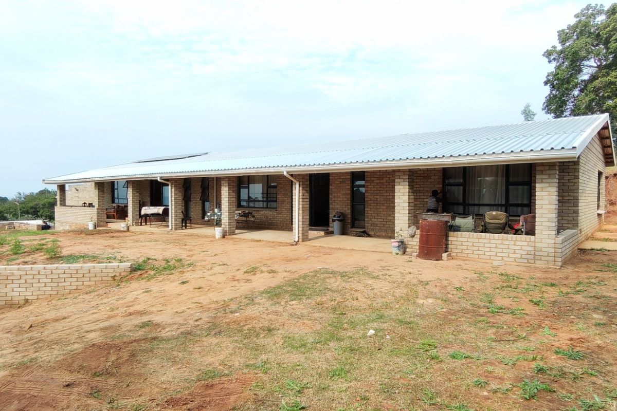 Rear view of a single-story brick house featuring a covered patio, corrugated metal roof, and surrounding undeveloped garden space.