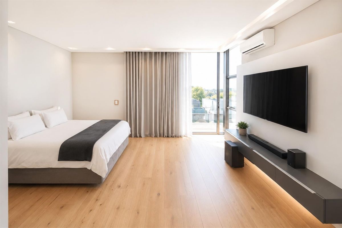 Modern bedroom featuring light hardwood flooring, recessed lighting, a wall-mounted air conditioner, and floor-to-ceiling windows with access to a balcony.