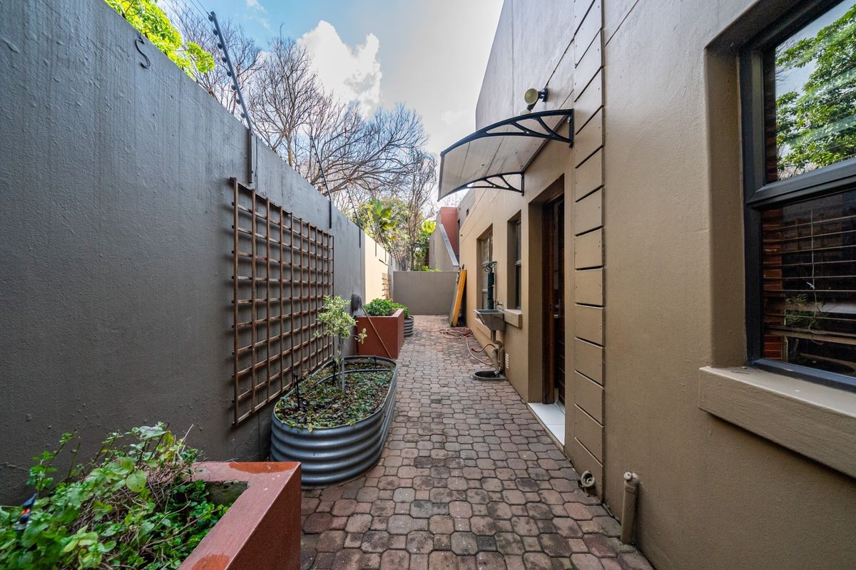 A paved side walkway featuring fixed planters, boundary walls with electric fencing, and a protective awning over the rear entrance.