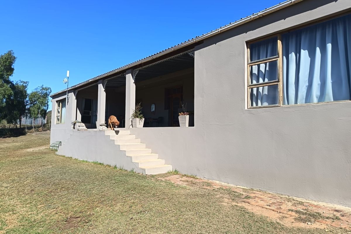 Rear elevation of a farm-style dwelling featuring a spacious covered veranda, concrete staircase, and timber-framed windows overlooking the surrounding landscape.
