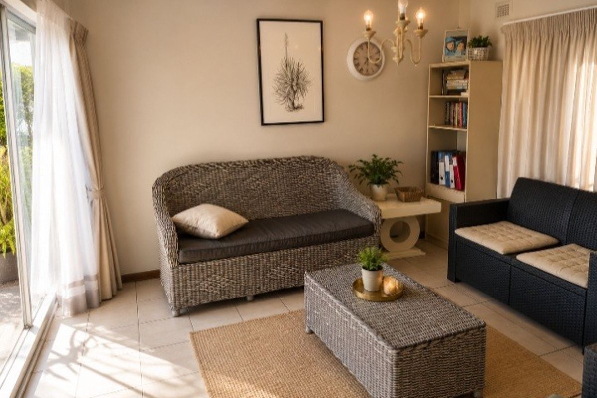 A bright living room featuring tiled flooring and a large sliding glass door providing natural light and access to the outdoor area.