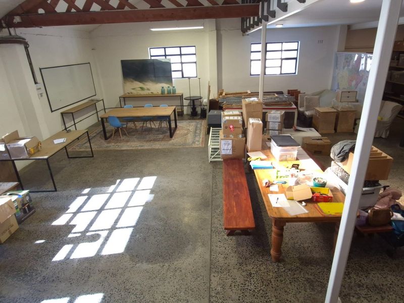 Spacious open-plan retail or office area featuring polished concrete floors, exposed timber roof trusses, and large industrial-style steel-framed windows providing ample natural light.