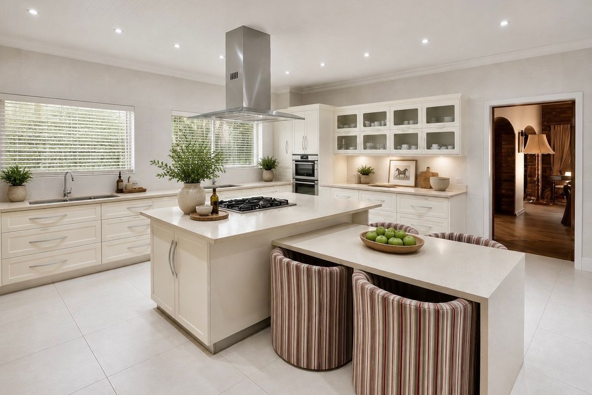 A bright, modern kitchen featuring a central island with integrated seating, stone countertops, high-end cabinetry, and professional-grade built-in appliances.