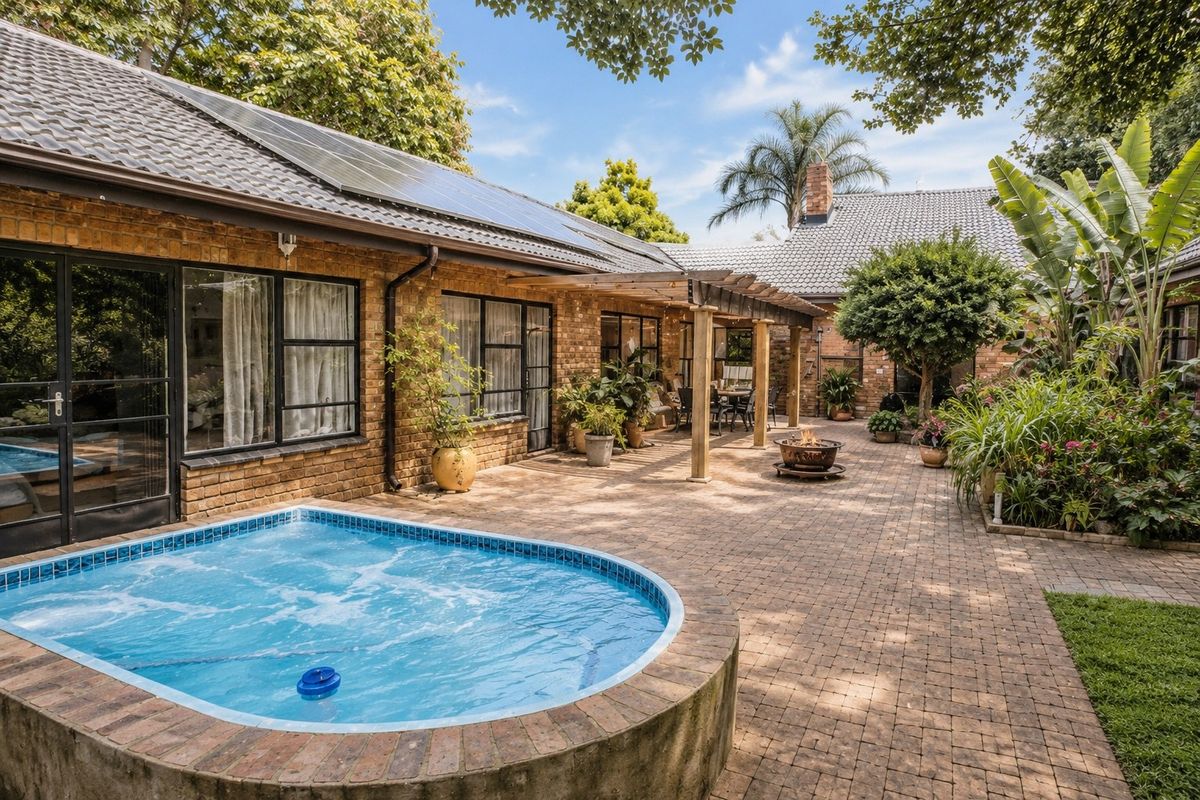 A well-maintained rear courtyard featuring brick paving, a built-in spa, and a wooden pergola, set against a classic brick farmhouse exterior.