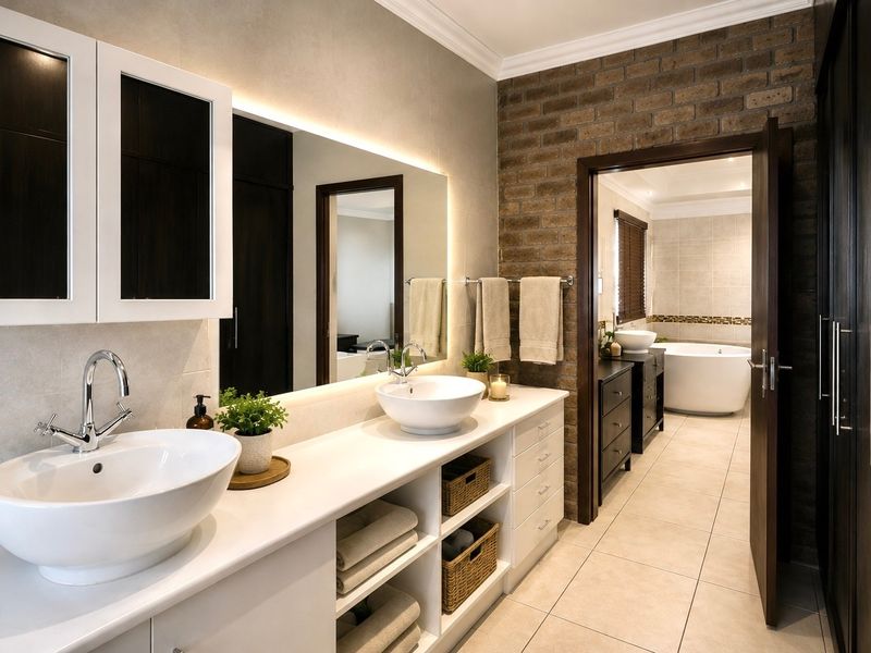 Modern bathroom featuring a double vanity with vessel sinks, backlit mirror, exposed brick feature wall, and a separate area with a freestanding bathtub.