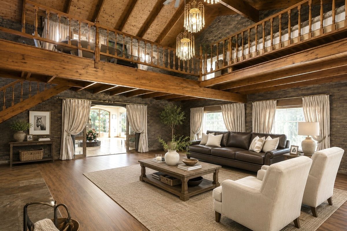 Spacious living room featuring exposed brick walls, vaulted timber ceilings with exposed beams, and a mezzanine level with a timber balustrade.