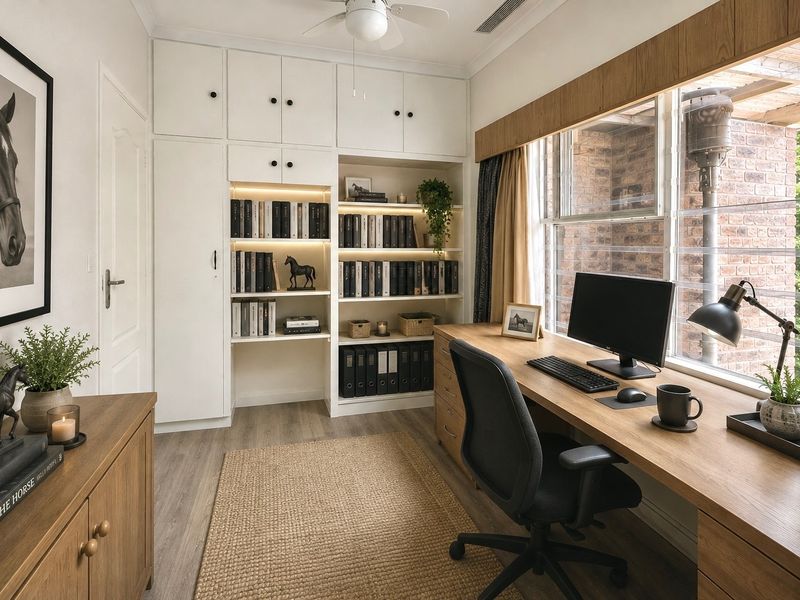 A well-appointed home office featuring custom built-in cabinetry, integrated shelving with accent lighting, and a spacious built-in desk overlooking the garden.