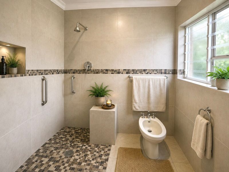 Modern bathroom featuring a walk-in shower with grab rails, a bidet, and neutral tiled finishes with a decorative mosaic accent border.