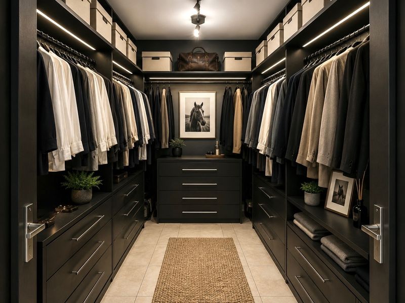 A sophisticated walk-in closet featuring custom dark cabinetry, integrated LED lighting, ample hanging space, and organized drawer storage.