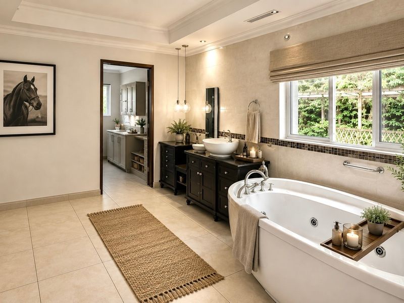A spacious, well-appointed bathroom featuring a modern freestanding bathtub, elegant vessel sink vanity, and neutral tiled finishes with a view of the garden.