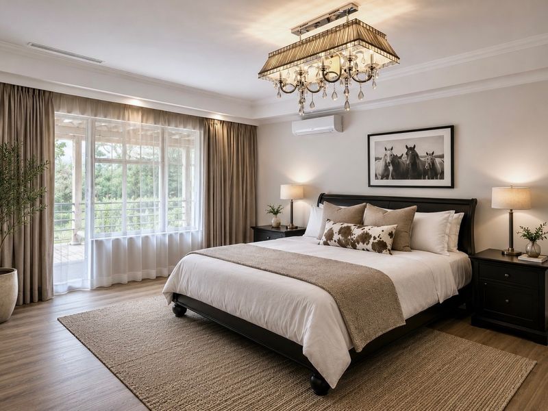 A well-appointed bedroom featuring laminate flooring, crown molding, a split-system air conditioner, and direct access to an outdoor patio through sliding glass doors.