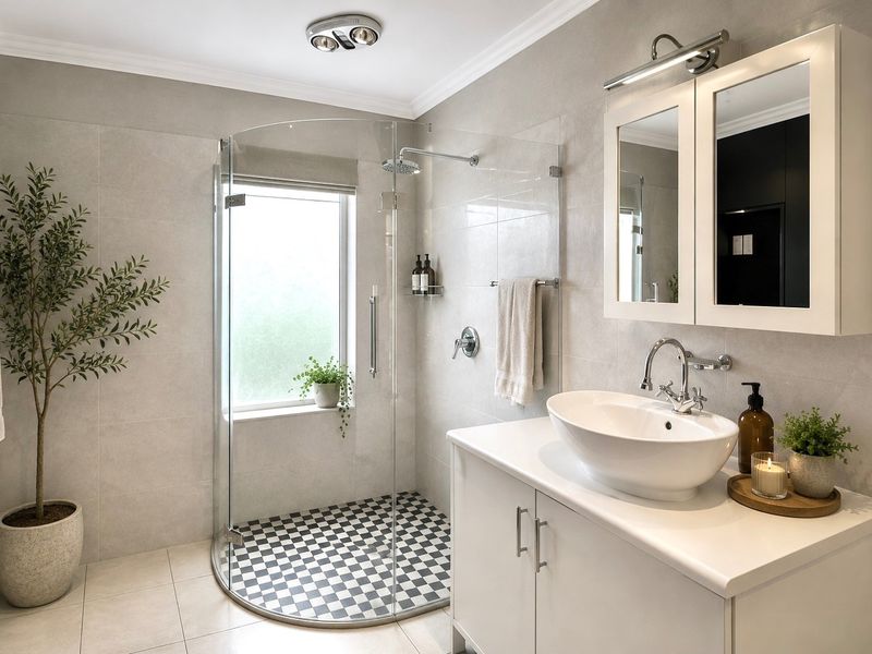Modern bathroom featuring a curved glass shower enclosure, vessel sink vanity, mirrored medicine cabinet, and neutral wall tiling with a decorative checkered shower floor.