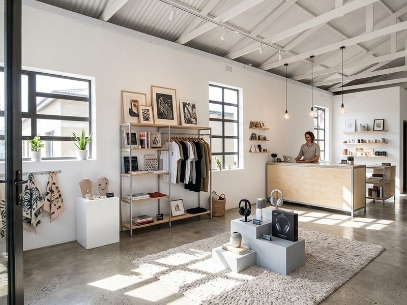 Bright and modern retail studio space featuring polished concrete floors, exposed white timber trusses, and large industrial windows providing ample natural light.