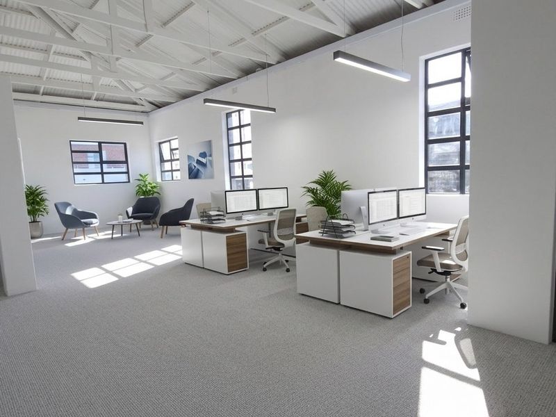 Modern open-plan office space featuring high ceilings with exposed white trusses, large windows providing natural light, and professional carpeting.