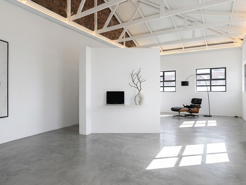 Spacious open-plan retail or studio area featuring polished concrete floors, exposed roof trusses, and large steel-framed windows providing excellent natural light.