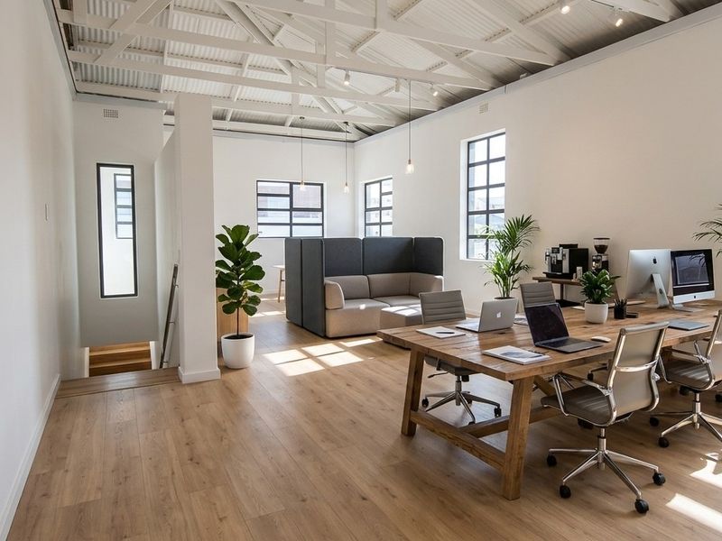 Modern open-plan office space featuring high exposed truss ceilings, timber flooring, and large industrial-style windows providing ample natural light.