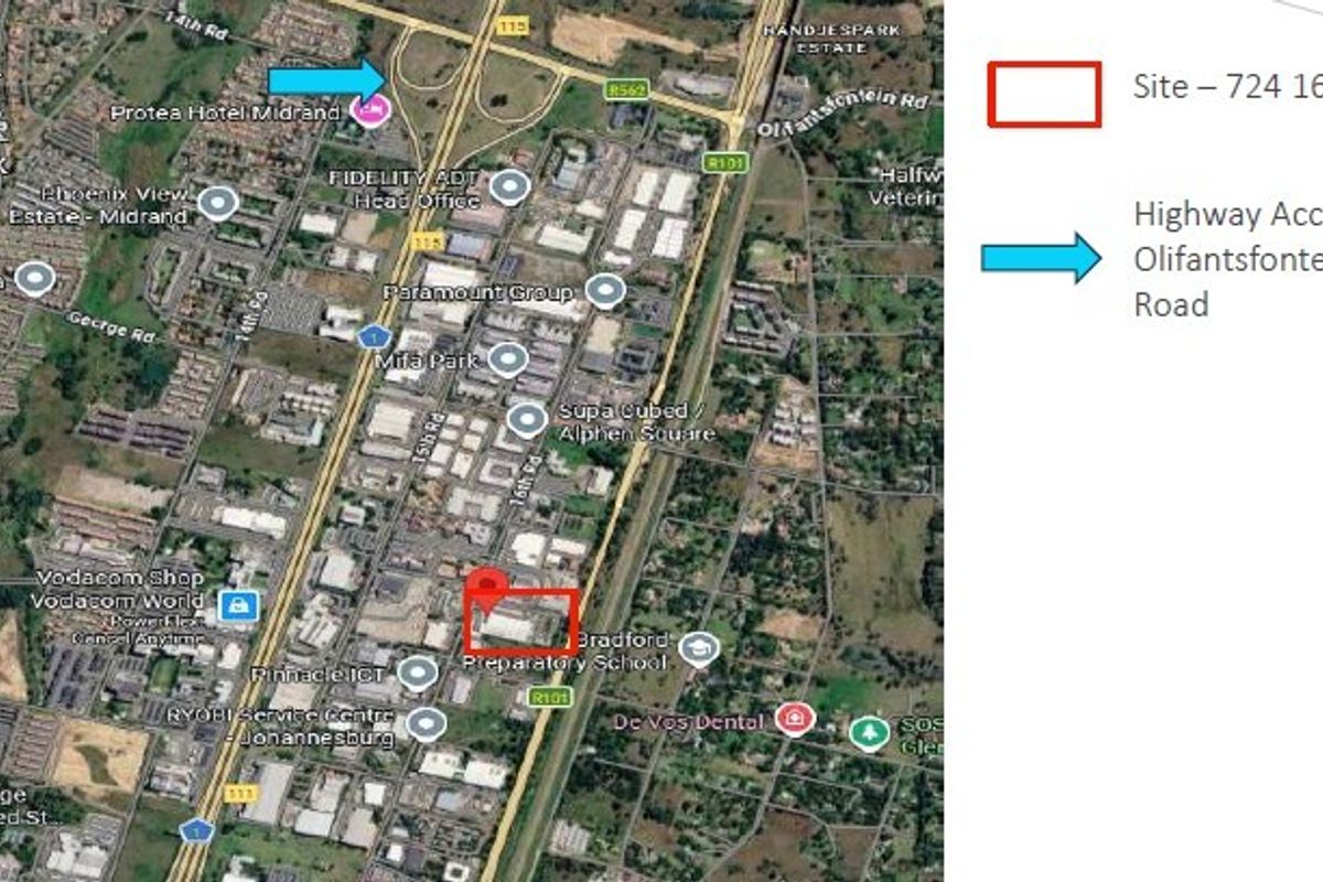 Aerial map view highlighting the industrial property location at 724 16th Street with proximity to major highway access routes.