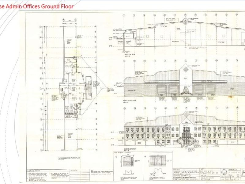 Architectural floor plan and elevation drawings for the warehouse administration offices, detailing the building layout and structural design.