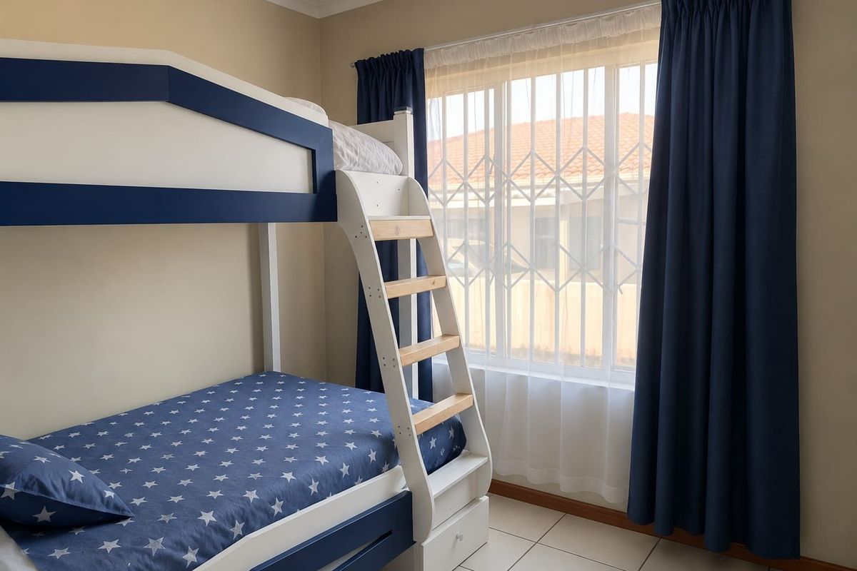 A well-maintained bedroom featuring tiled flooring, neutral wall tones, and a window fitted with a security gate.