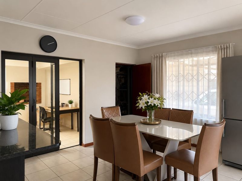 A well-maintained dining area featuring tiled flooring, neutral walls, and a glass-paneled door leading to an adjacent office space.