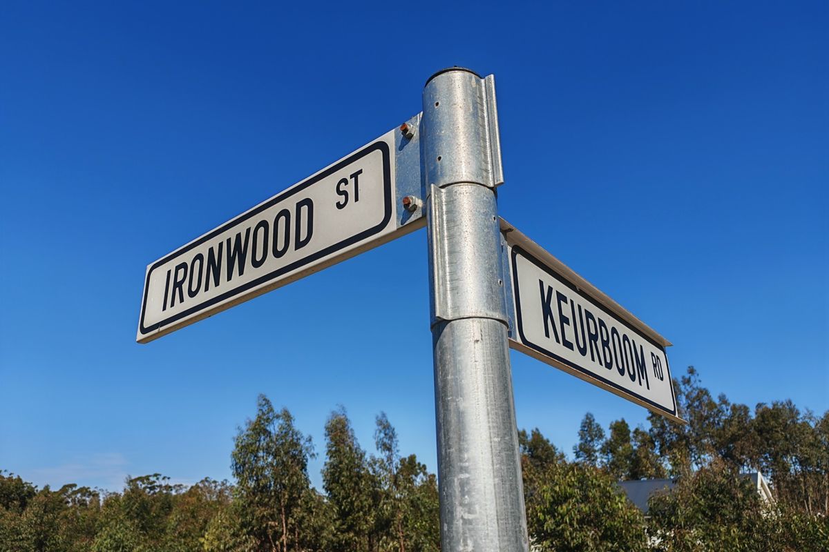 A clear street sign indicating the intersection of Ironwood Street and Keurboom Road, set against a clear blue sky.