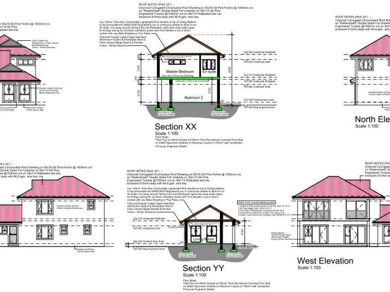 Architectural floor plan and elevation drawings for a residential property, detailing structural specifications, roof notes, and building sections.