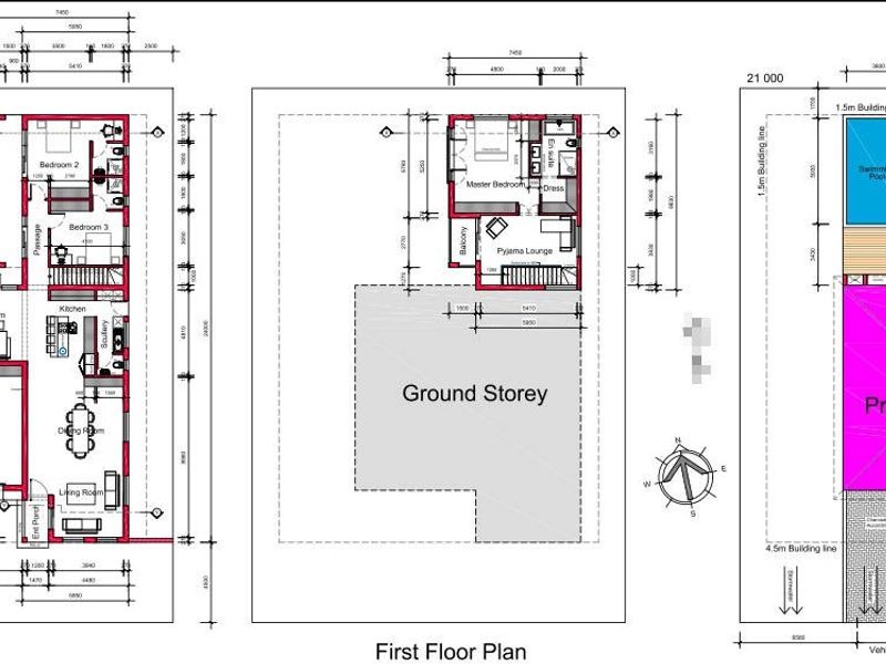 Architectural floor plan showing the layout of the proposed residential dwelling, including ground and first-floor configurations, pool area, and garage.