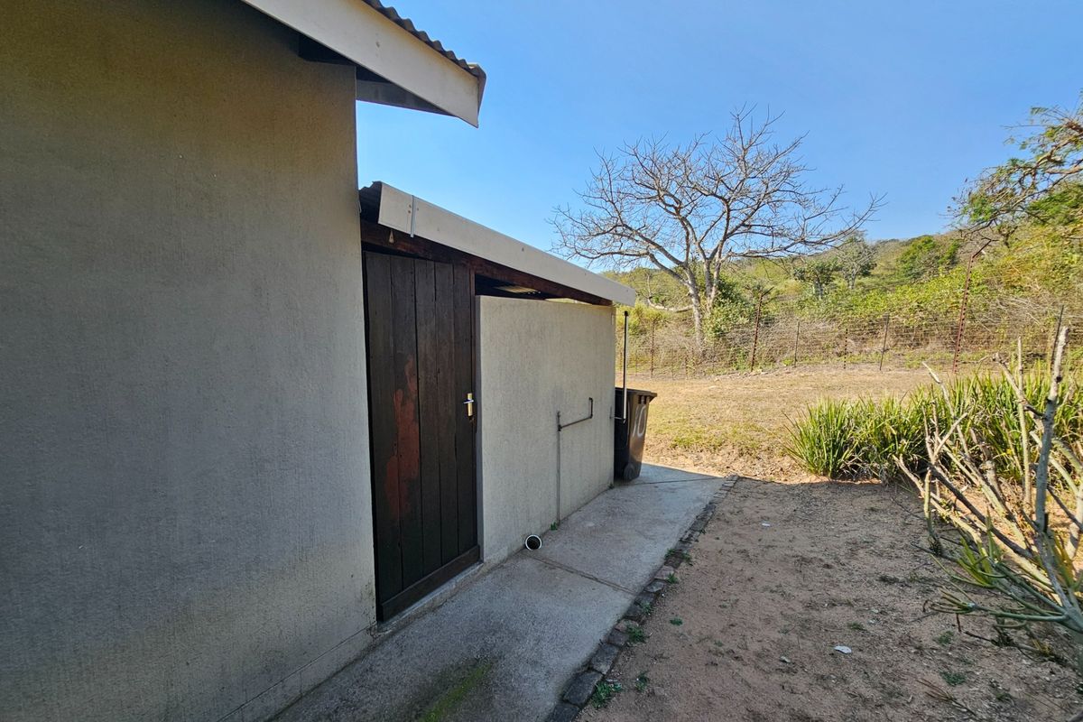 Rear exterior view of the property showing a concrete pathway, timber door, and corrugated metal roof structure.
