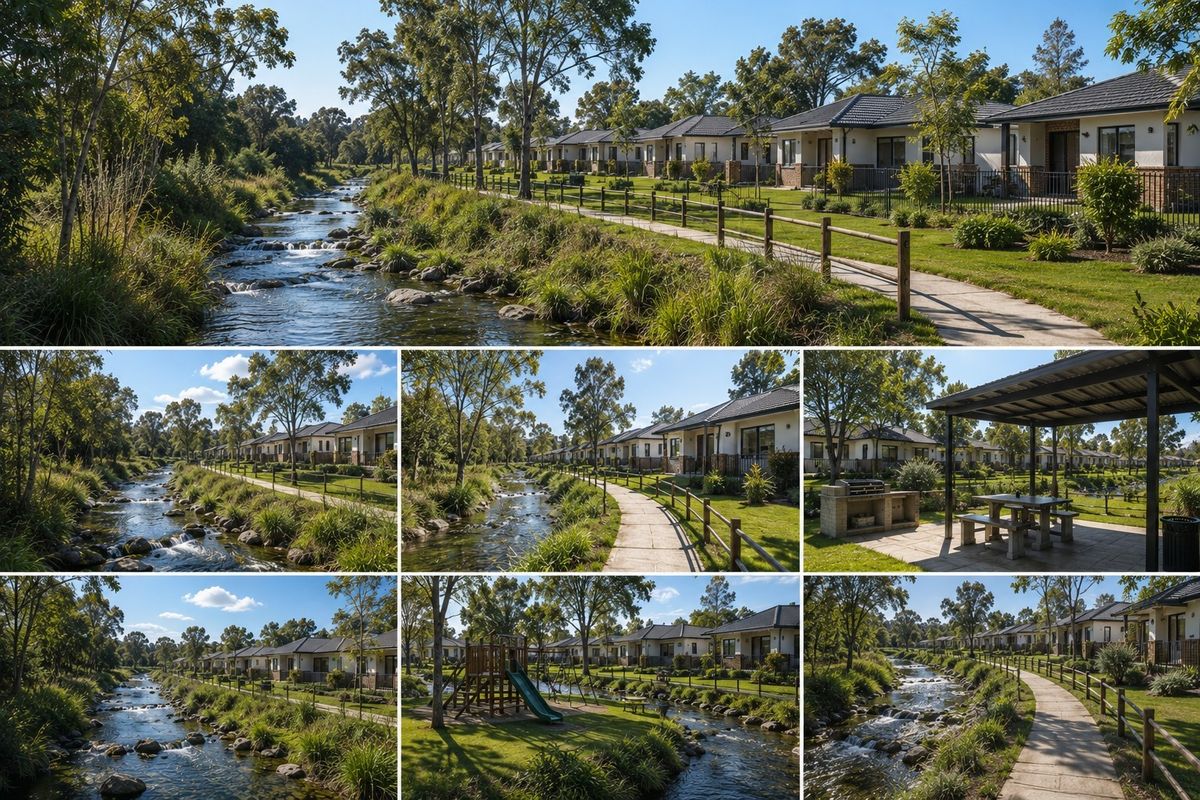 A scenic residential complex featuring a flowing stream, landscaped walking paths, communal braai facilities, and a children's playground set within a tranquil environment.