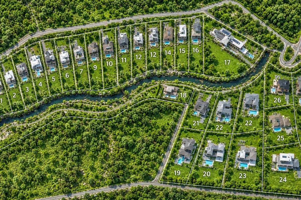 An aerial view of a residential estate development featuring numbered plots, established landscaping, internal roads, and a central waterway.