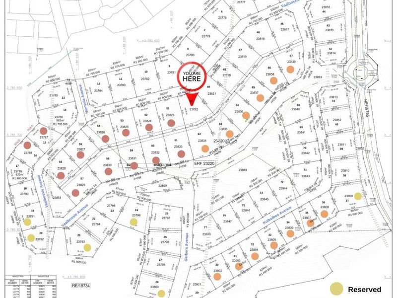 A detailed site development plan for Paradise Coast estate, showing individual residential erven, street layouts, and current sales status of the plots.