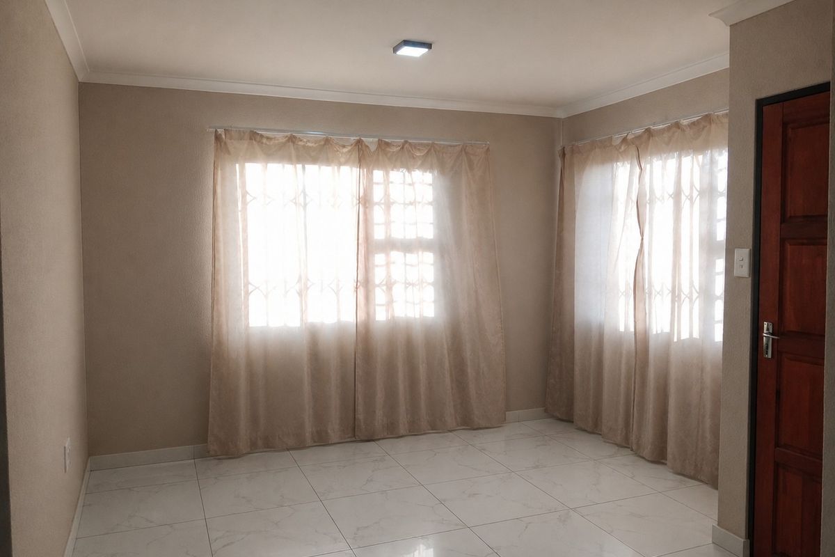 A bright, empty living room featuring neutral walls, white tiled flooring, and windows fitted with security bars and curtains.