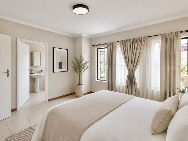 A well-maintained bedroom featuring neutral tones, tiled flooring, and an en-suite bathroom with a pedestal basin and mirrored cabinet.
